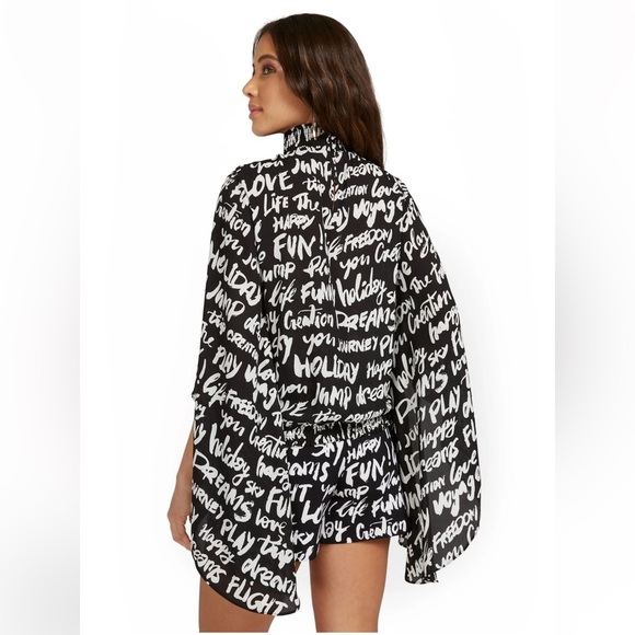 New York & Co black white SCRIPT blouse STATEMENT SLEEVES crew smocked neck Lrg - Picture 12 of 17